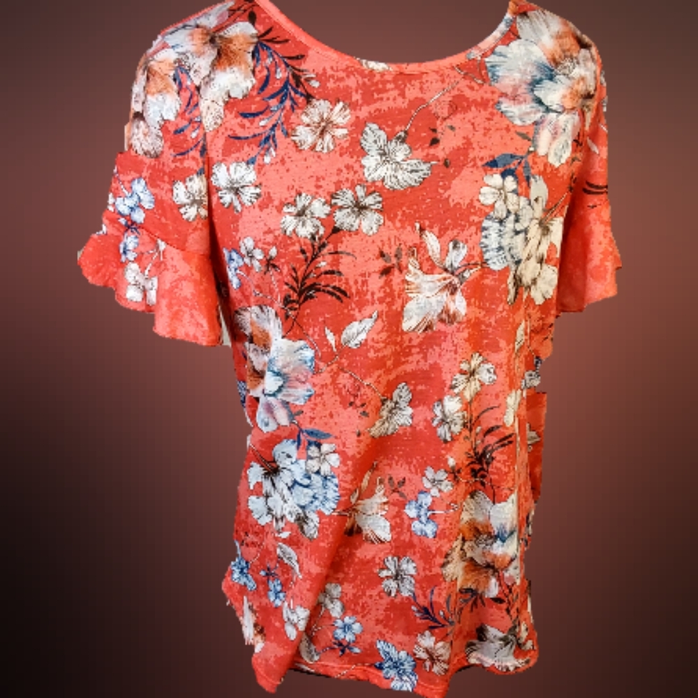Christopher & Banks- short sleeve coral & white floral top